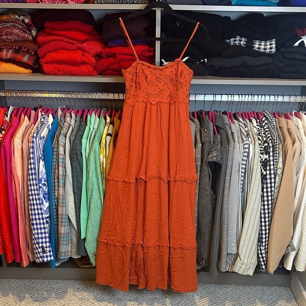 Luca terracotta adjustable strap gauzy lined midi dress size XS